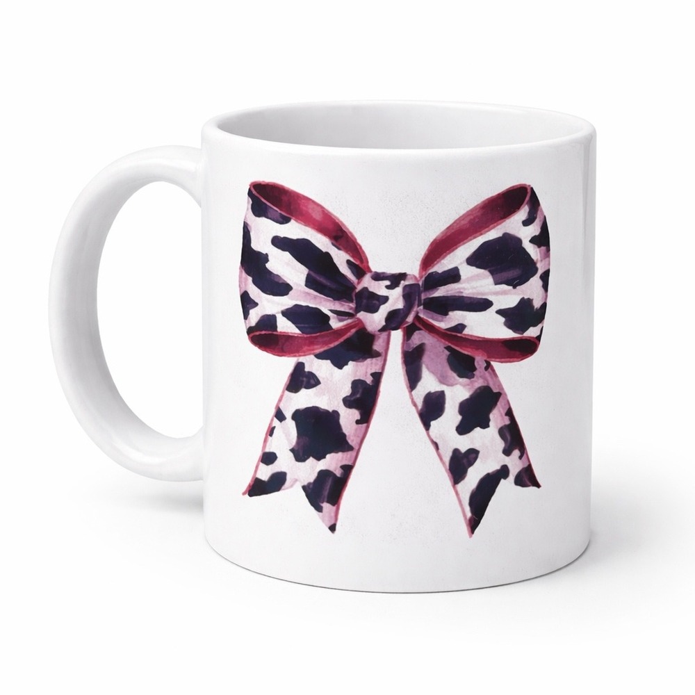 Cow Print Bow Ceramic Coffee Mug White 11oz Western Farmhouse Coquette Aesthetic